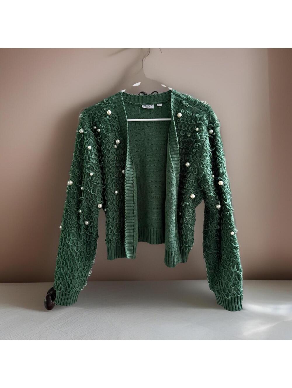 Mighty Fine Green Pearl Loop Knit Cardigan Sweater XL Boho Cottagecore